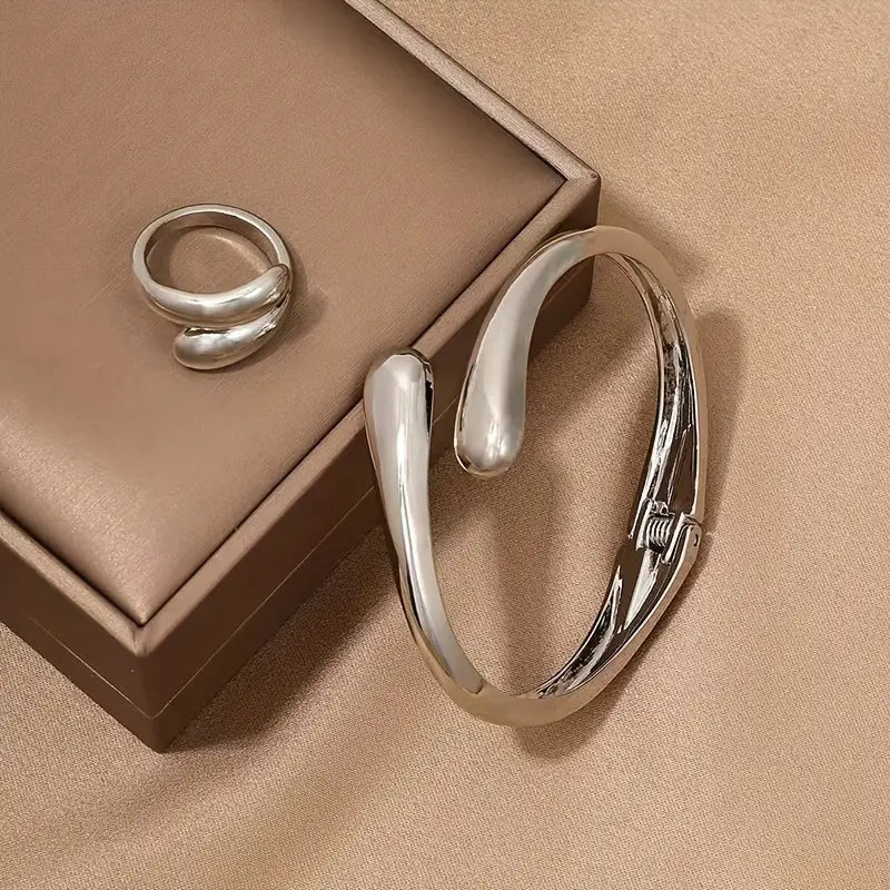 Geometric Ring Bracelet Ring Jewelry Set Alloy Jewelry Gift For Women Party Silver