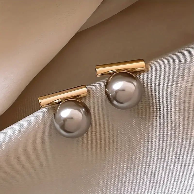 1 Pair Minimalist Elegant Style Stud Earrings, Horizontal Bar With Grey Faux Pearl Stud Earrings
