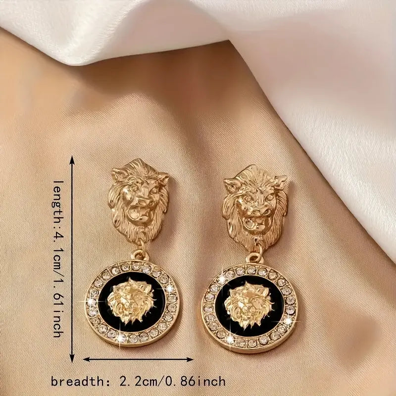 Elegant Vintage Golden Lion Head Drop Earrings With Rhinestone Detail