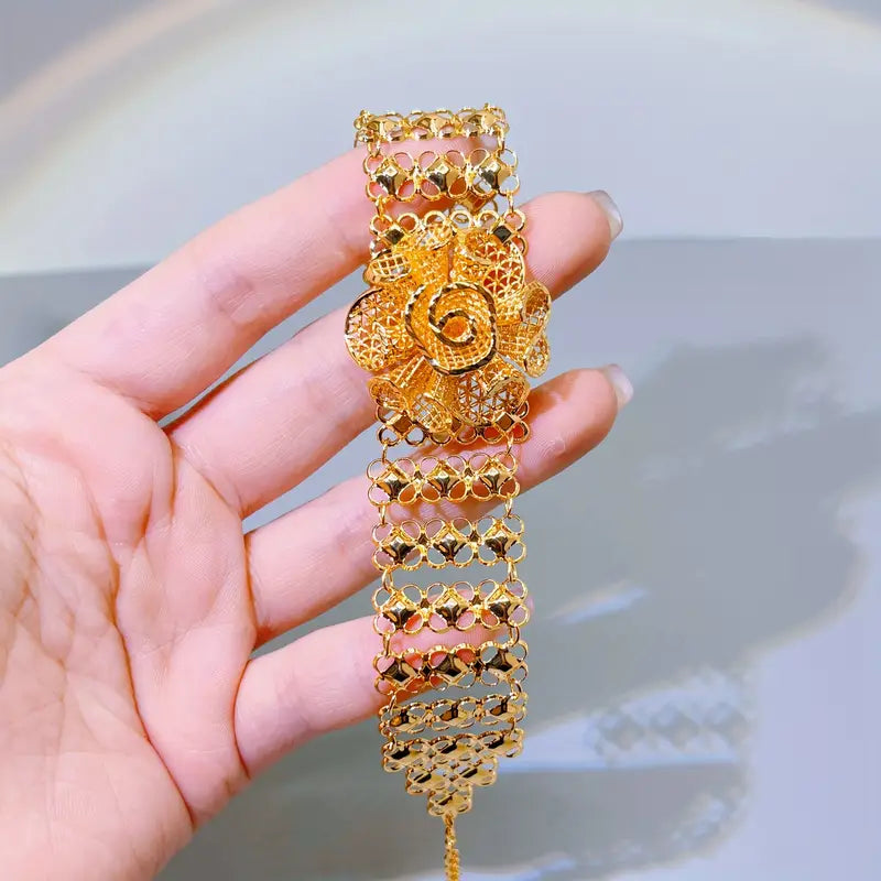 Elegant 22K Golden-Plated Champagne Rose Flower Bracelet