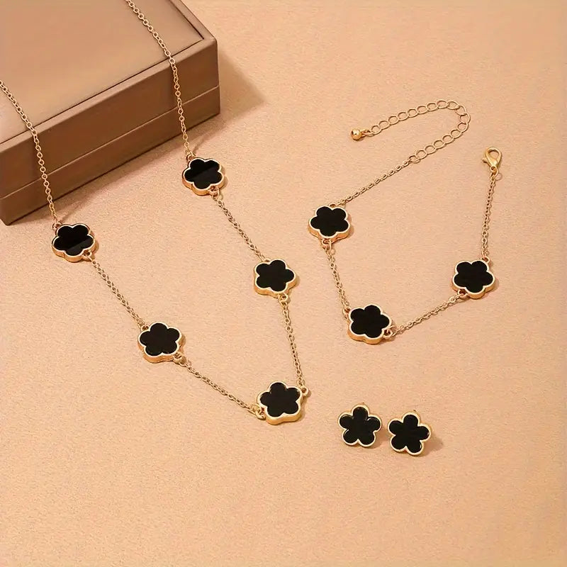 4pcs Ear Studs + Necklace + Bracelet Chic Jewelry Set Trendy Lucky Flower Design Black
