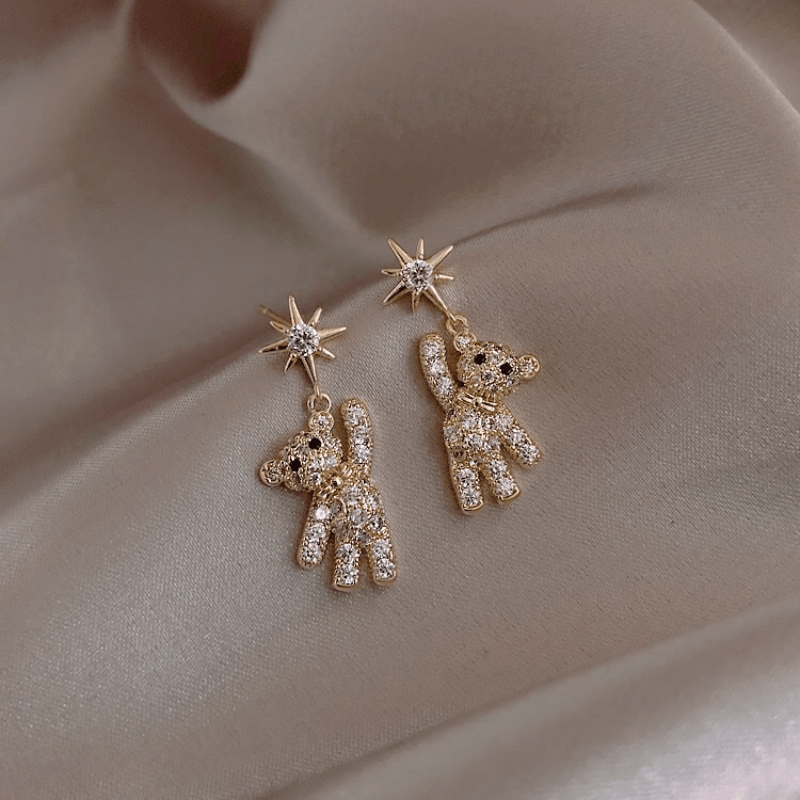 Cubic Zirconia Decor Cute Little Bear & Eight-pointed Star Pattern Stud Earrings