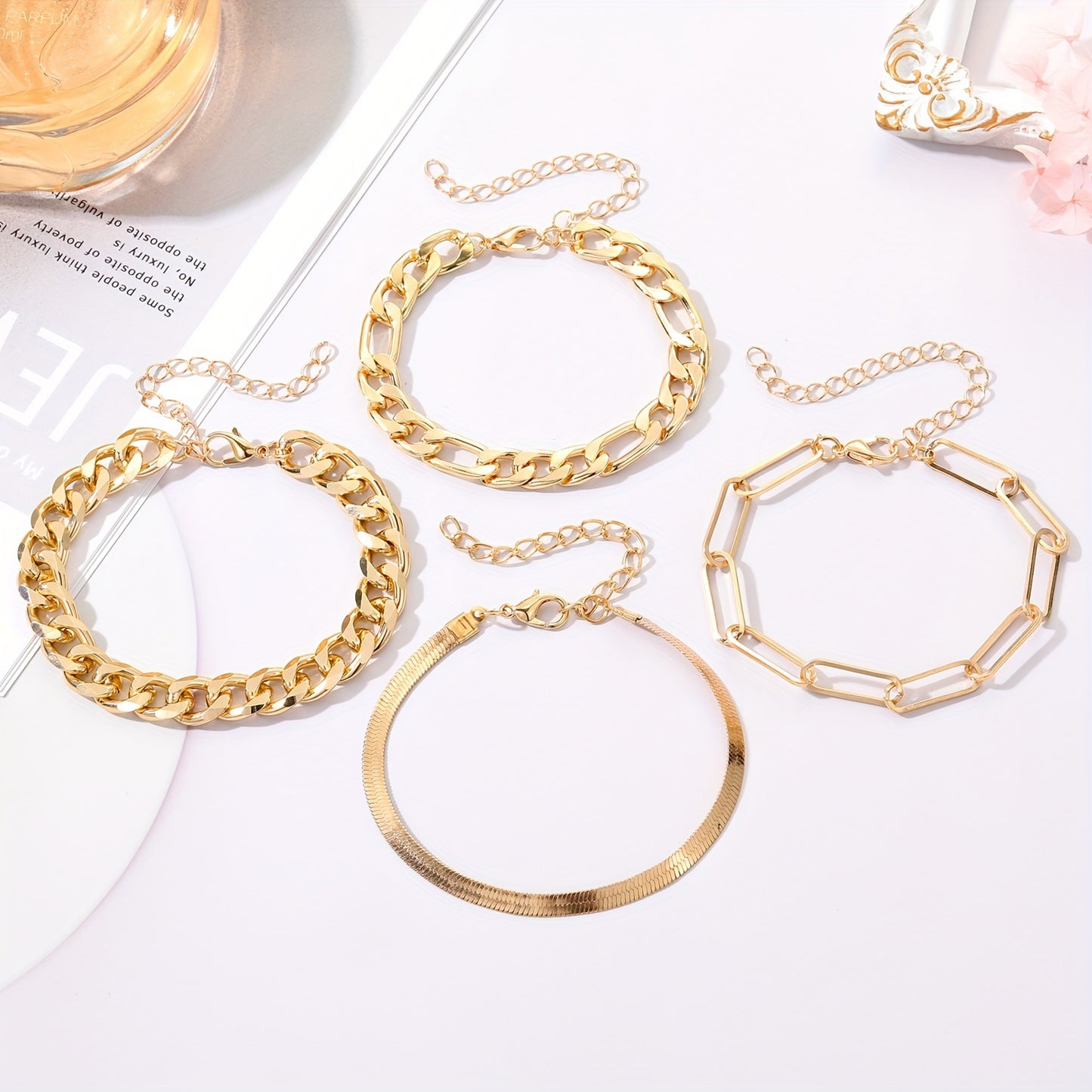 4pcs/set Vintage Simple Cuban Chain Bracelet Golden Classic Snake Chain Bracelet Women's Jewelry
