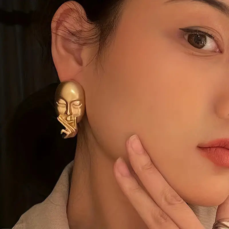 Creative Abstract Face Design Stud Earrings Zinc Alloy 14K Plated Jewelry Vintage Punk Style Unique Statement Female Earrings