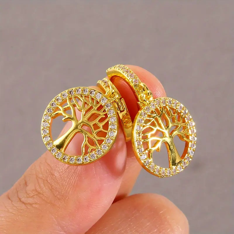 Copper Zirconia Life Tree Pattern Pendant Dangle Earrings, Anniversary Gift For Girls