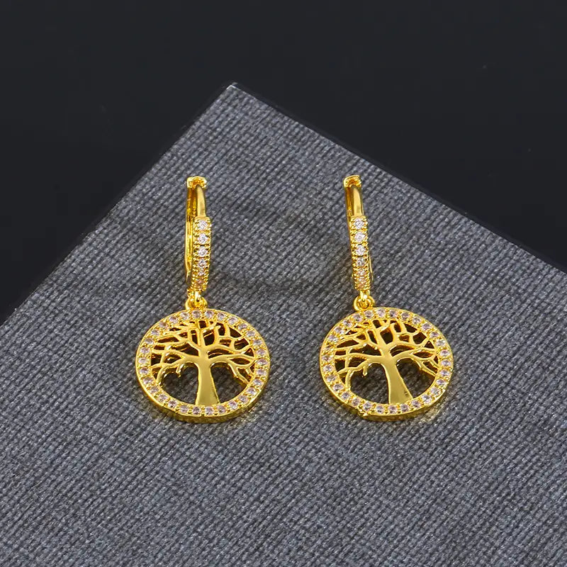 Copper Zirconia Life Tree Pattern Pendant Dangle Earrings, Anniversary Gift For Girls