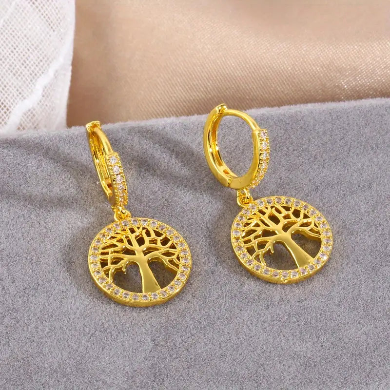 Copper Zirconia Life Tree Pattern Pendant Dangle Earrings, Anniversary Gift For Girls