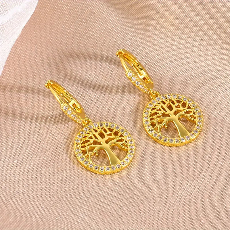 Copper Zirconia Life Tree Pattern Pendant Dangle Earrings, Anniversary Gift For Girls