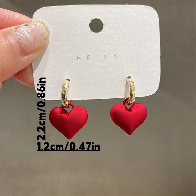 Exquisite Red Heart-Shaped Dangle Earrings with Shiny Finish