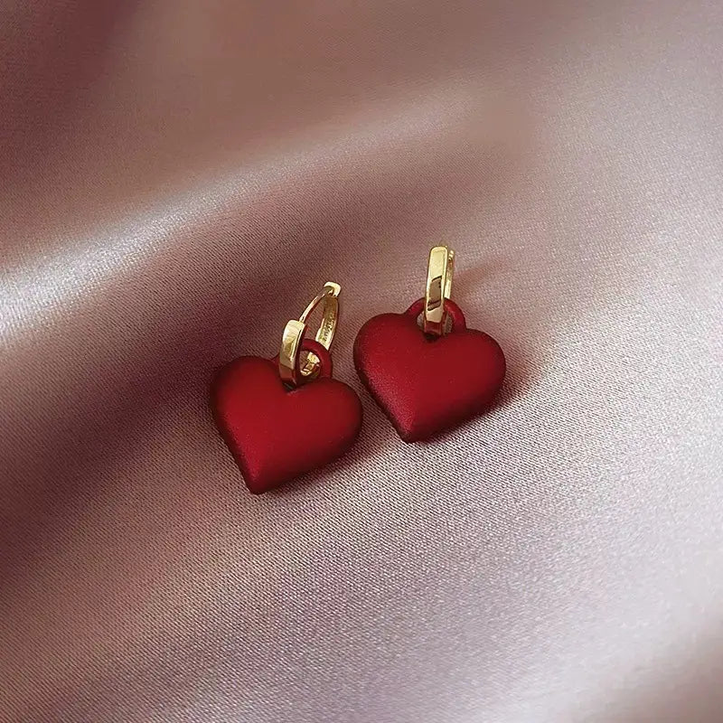 Exquisite Red Heart-Shaped Dangle Earrings with Shiny Finish