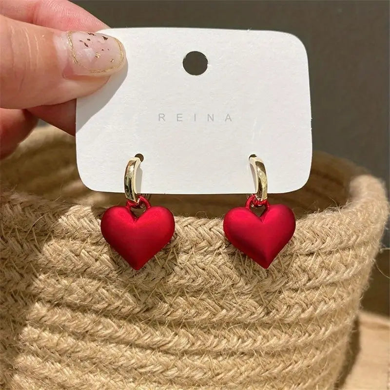 Exquisite Red Heart-Shaped Dangle Earrings with Shiny Finish