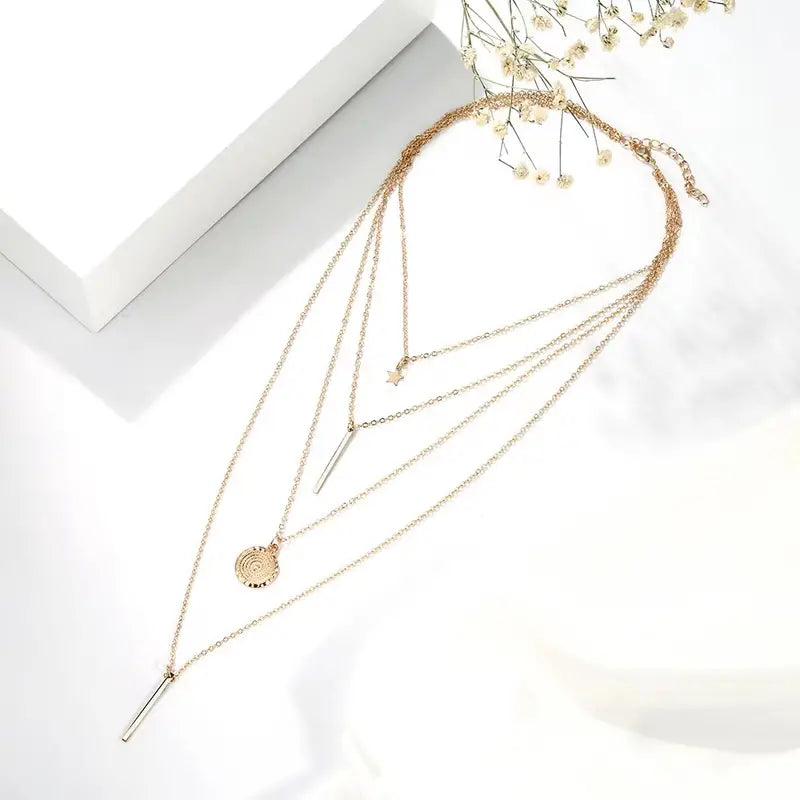 1pc Layered Star Bar Round Pendant Necklace