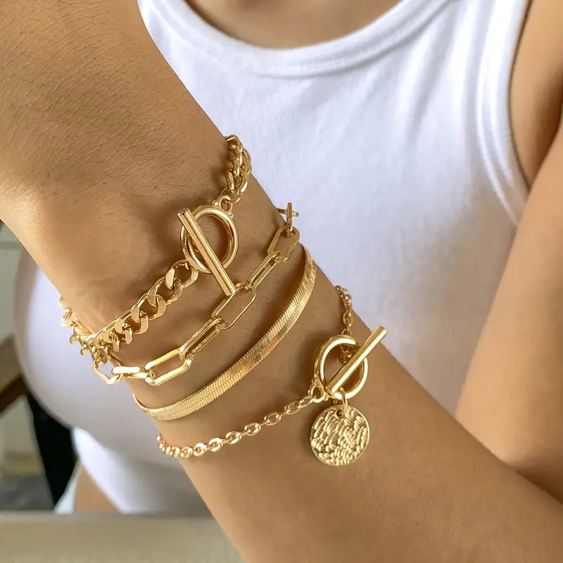 4pcs Coin Pendant Chain Bracelet Set Vintage Punk Style Hand Chain Bracelet With OT Buckle