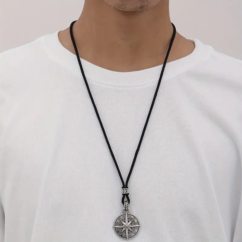 Trendy Retro Compass Necklace Embossed Octagonal