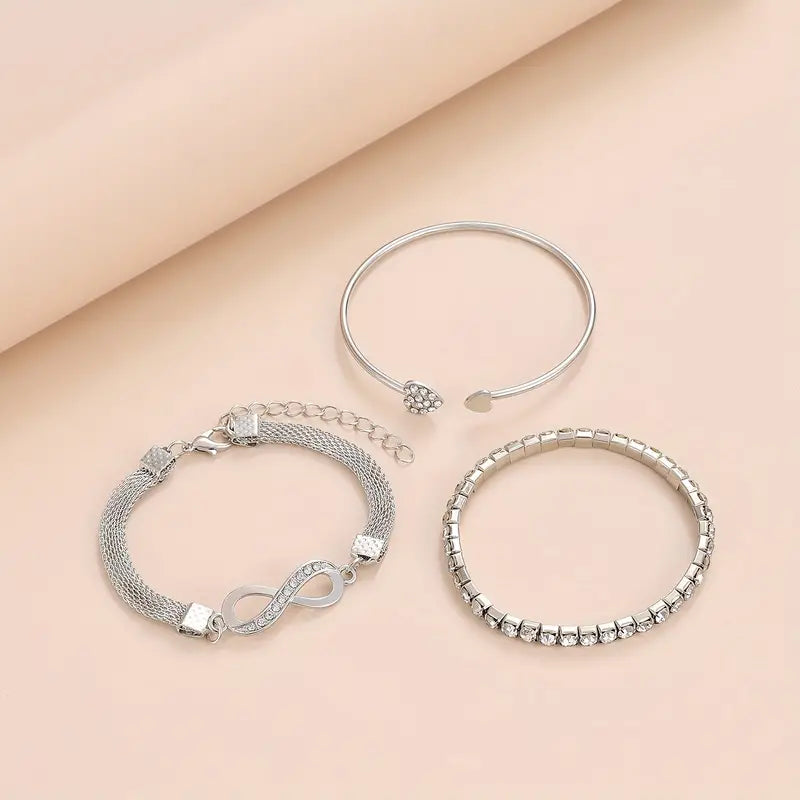 3pcs Silver Chain Bracelet Set Inlaid Shiny Rhinestone Stackable Hand Chain
