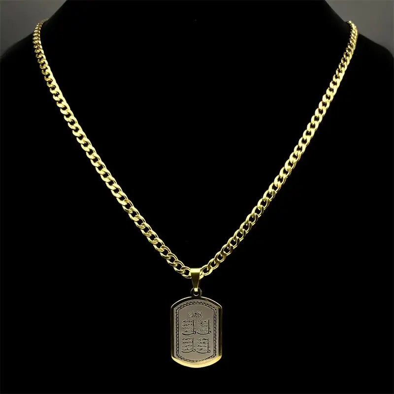 Fashion Stainless Steel Quran Pendant Necklace, Geometric Hip Hop Jewelry with Golden Chain