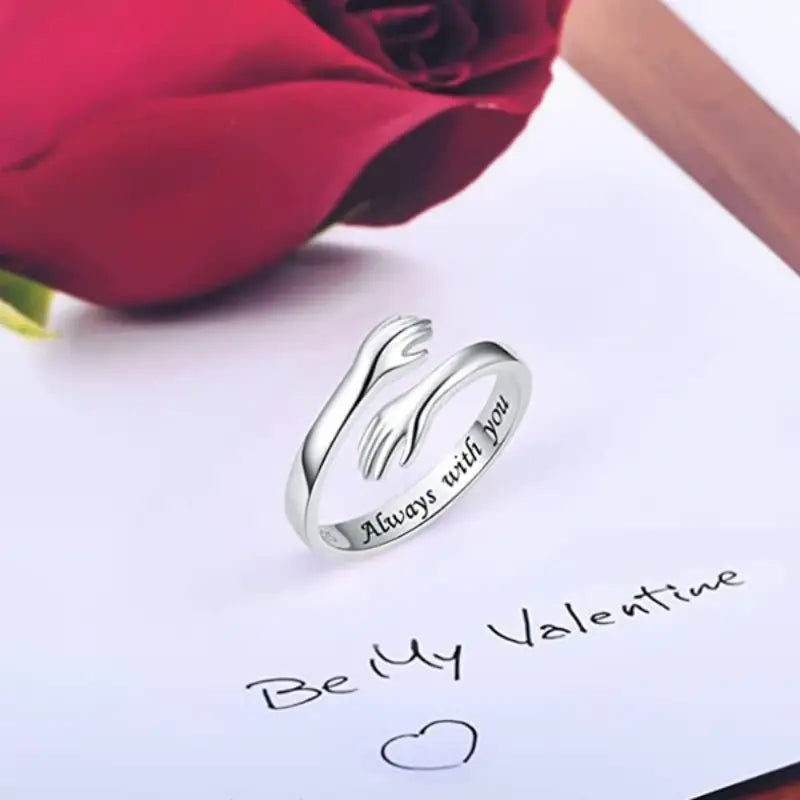 Exquisite Embrace Ring Silver Plated Adjustable Cuff Carved 'Always with you'