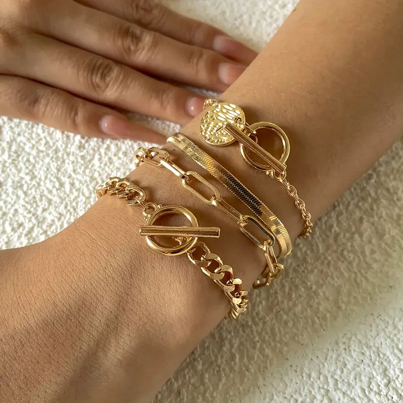 4pcs Coin Pendant Chain Bracelet Set Vintage Punk Style Hand Chain Bracelet With OT Buckle