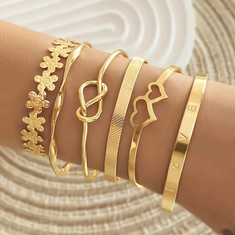 6pcs/Set Punk Exaggerated Letter LOVE Love Flower Ring Cuff Bangle Bracelet