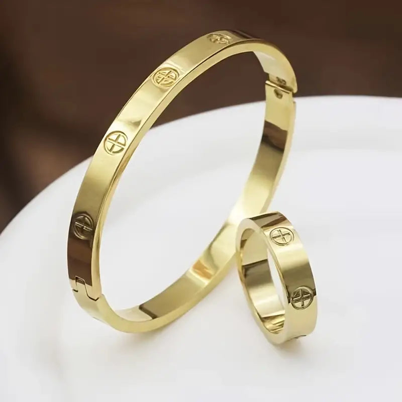 1pc/ 2pcs Cross Pattern Stainless Steel Ring Bangle Set For Men And Women