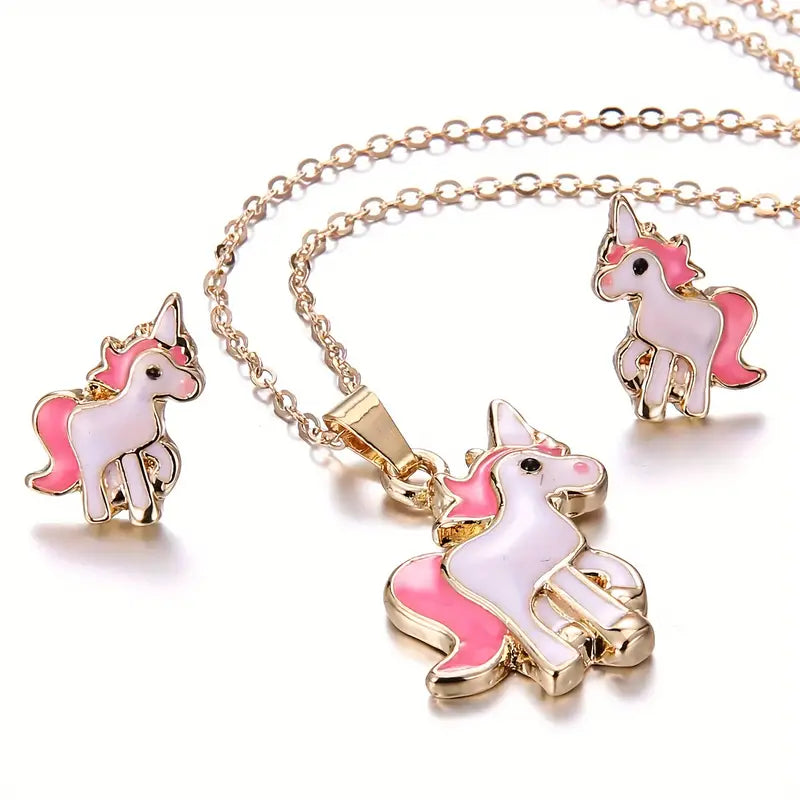 3pcs/set Creative Dripping Oil Cartoon Unicorn Pendant Necklace + Earrings Set