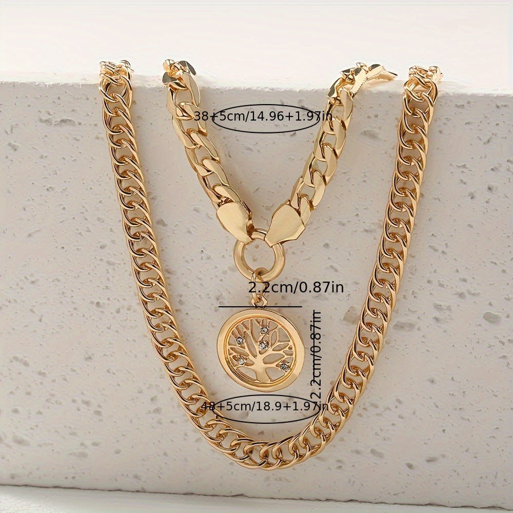 2pcs/set Layered Necklace, Classic Retro Life Tree Pattern Round Pendant Necklace, Chunky Cuban Link Chain Necklace Trendy Vacation Neck Jewelry