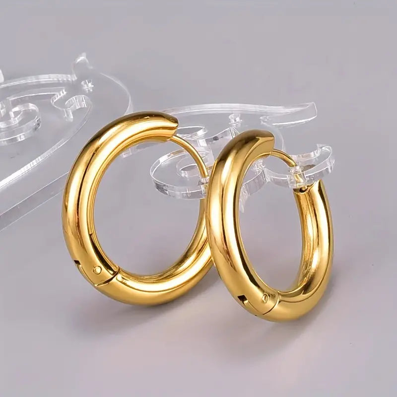 Smooth Golden Circle Design Hoop Earrings Titanium Steel 18K Gold Plated