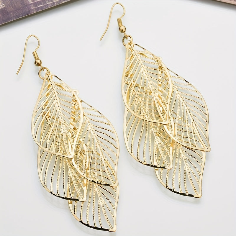 Multi-layer Hollow Leaf Pendant Golden Dangle Earrings Retro Boho Style Alloy Silver Plated Jewelry