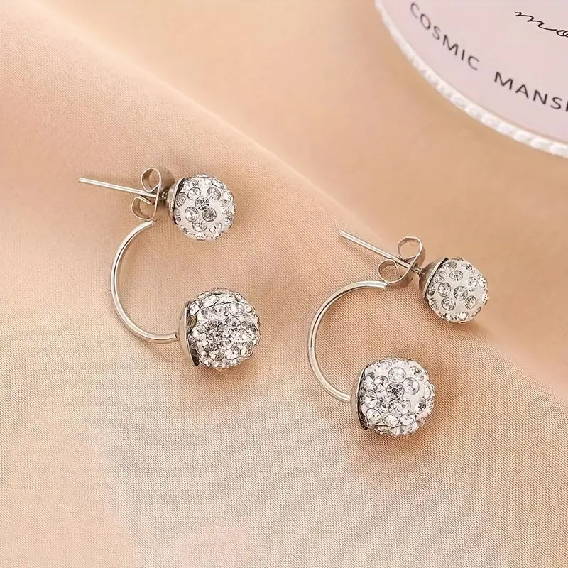 Double Ball Design Hoop Earrings Embellished With Shiny Rhinestones