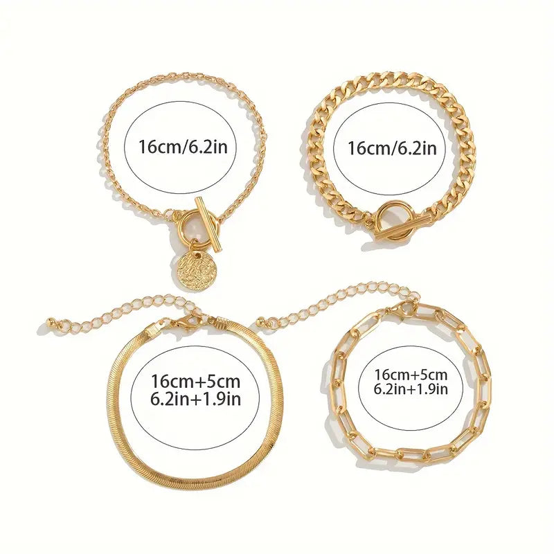 4pcs Coin Pendant Chain Bracelet Set Vintage Punk Style Hand Chain Bracelet With OT Buckle