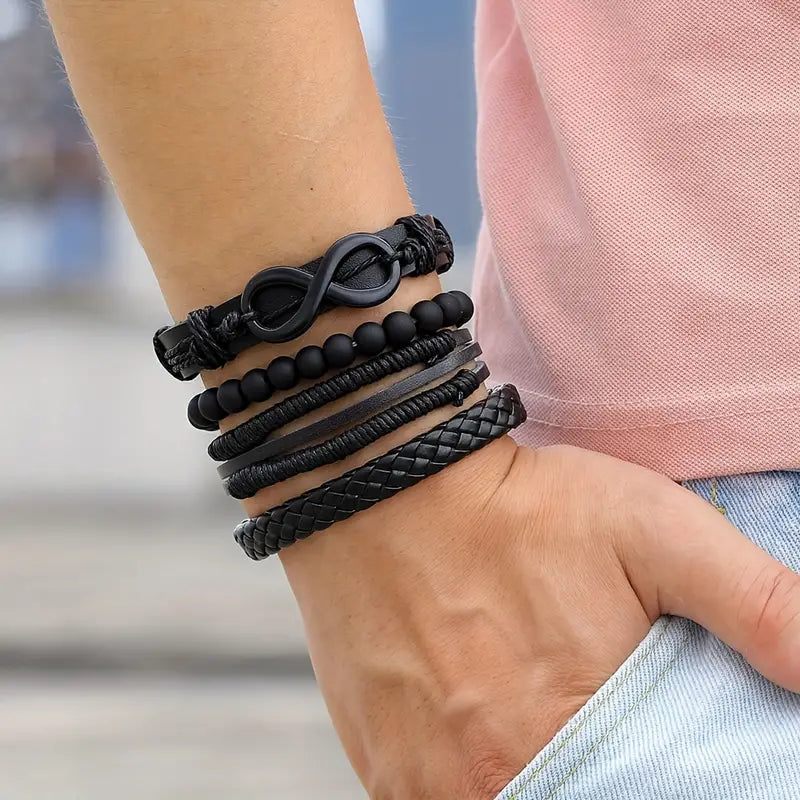 4pcs Möbius Strip Men's Pu Leather Bracelet, Vintage Beads Leather Multi