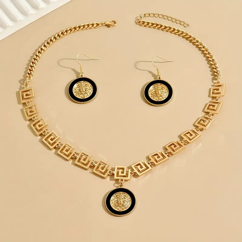 1set Fashionable Classic Necklace And Earrings Set, Enamel Glaze Lion Head Great Wall Pattern Chain Jewelry