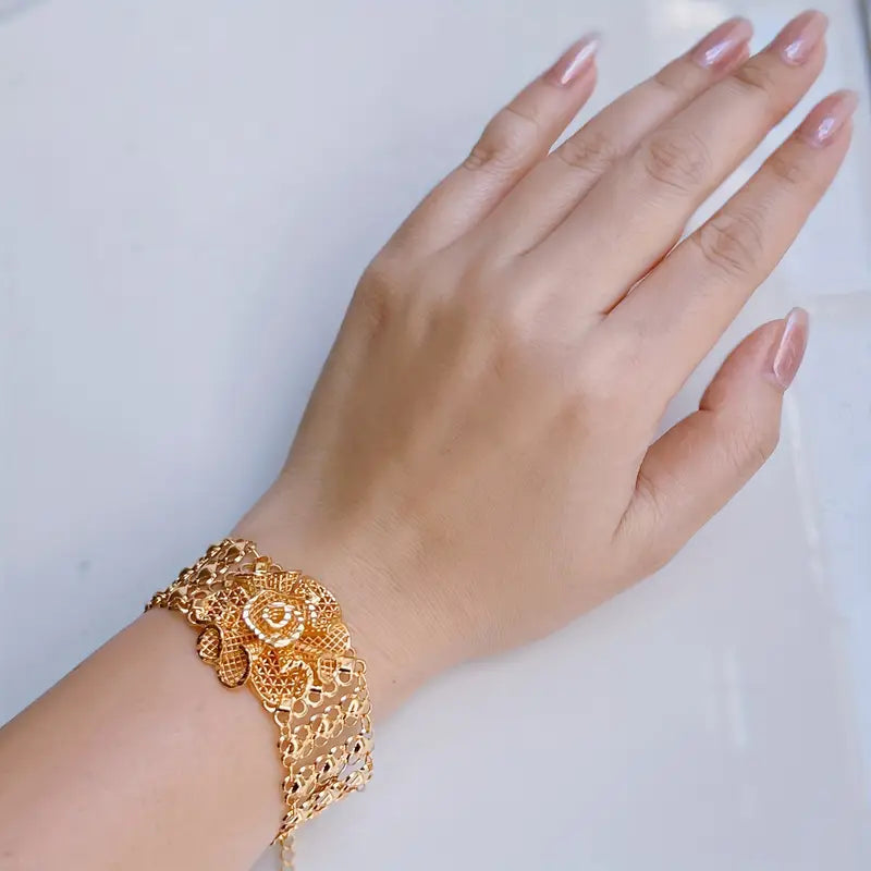 Elegant 22K Golden-Plated Champagne Rose Flower Bracelet