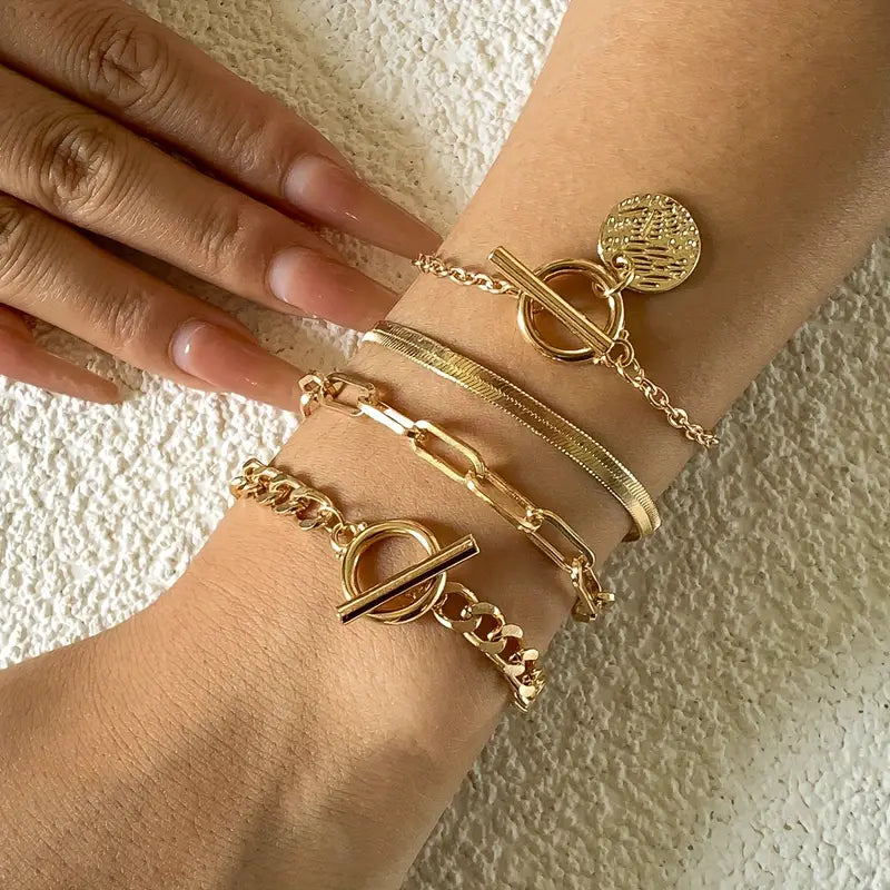 4pcs Coin Pendant Chain Bracelet Set Vintage Punk Style Hand Chain Bracelet With OT Buckle