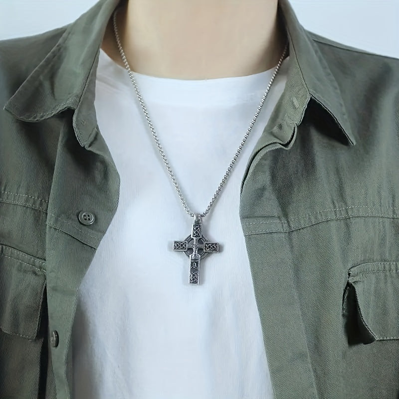 1pc Men's Vintage Viking Celtic Knot Stripe Cross Pendant Necklace