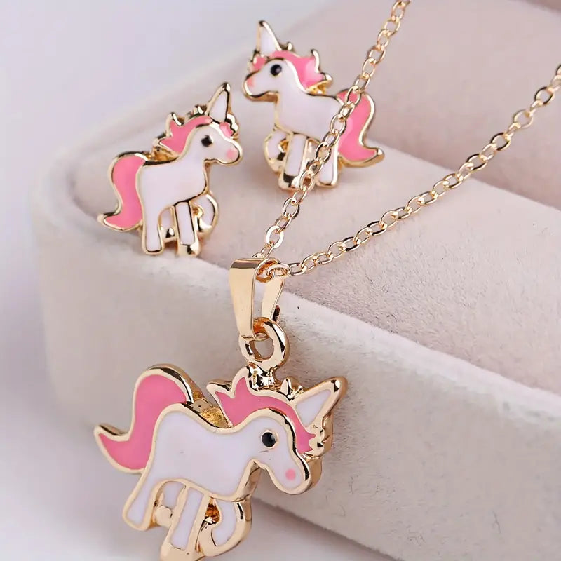 3pcs/set Creative Dripping Oil Cartoon Unicorn Pendant Necklace + Earrings Set