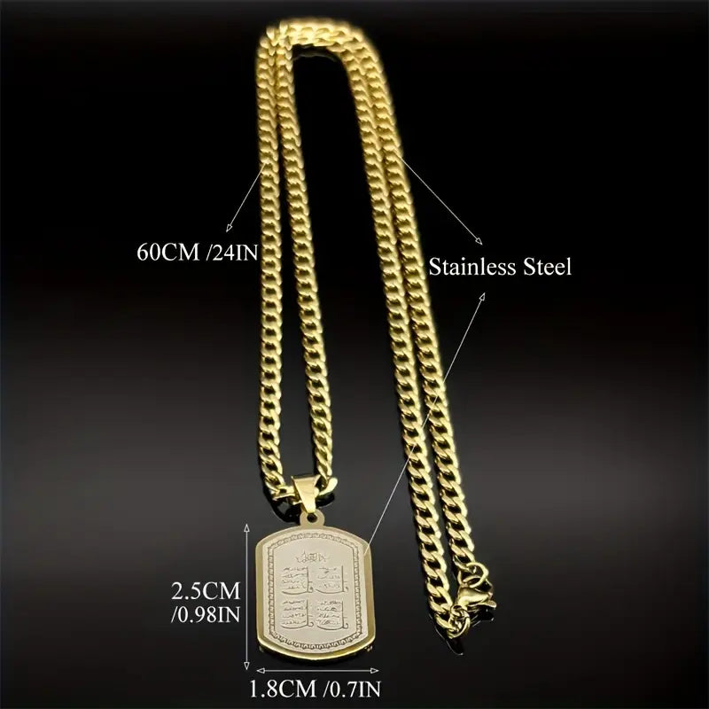 Fashion Stainless Steel Quran Pendant Necklace, Geometric Hip Hop Jewelry with Golden Chain