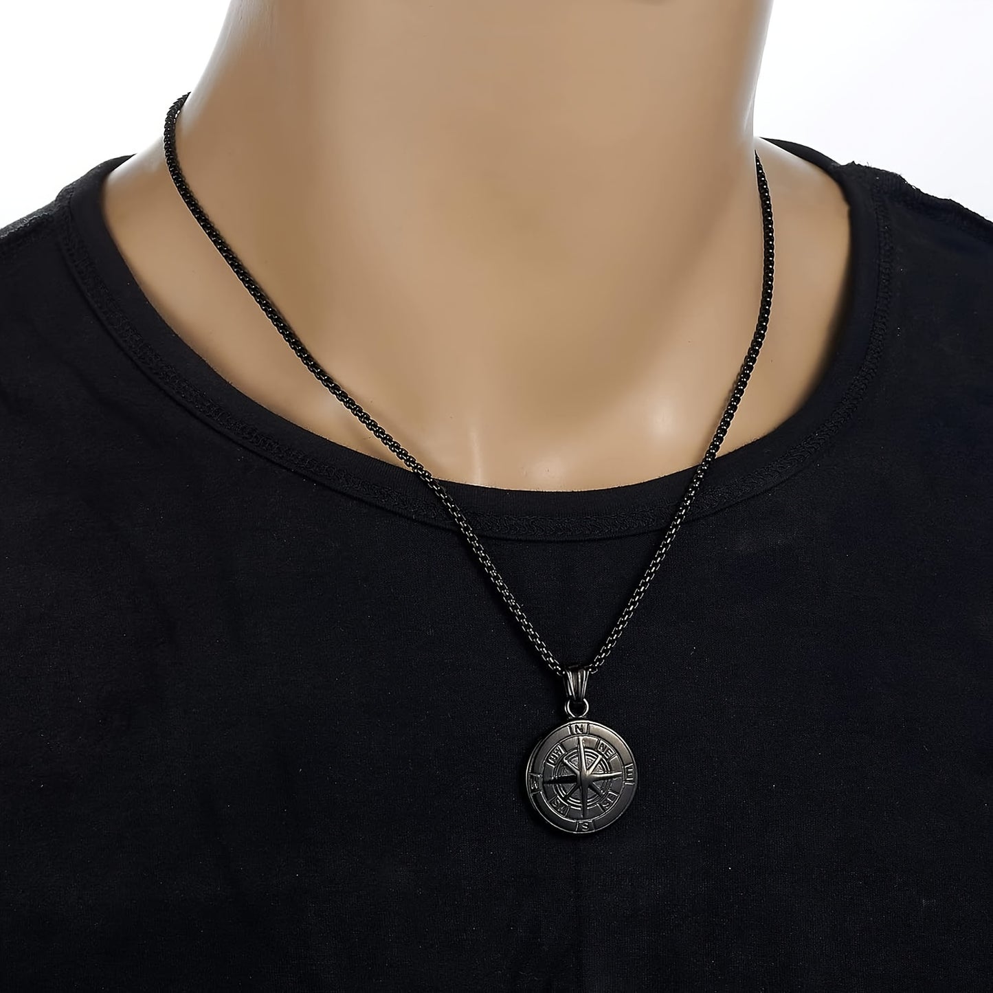 Trendy Retro Compass Necklace Embossed Octagonal