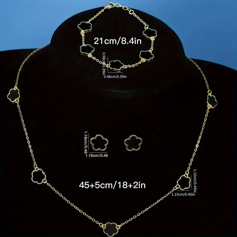 4pcs Ear Studs + Necklace + Bracelet Chic Jewelry Set Trendy Lucky Flower Design Black
