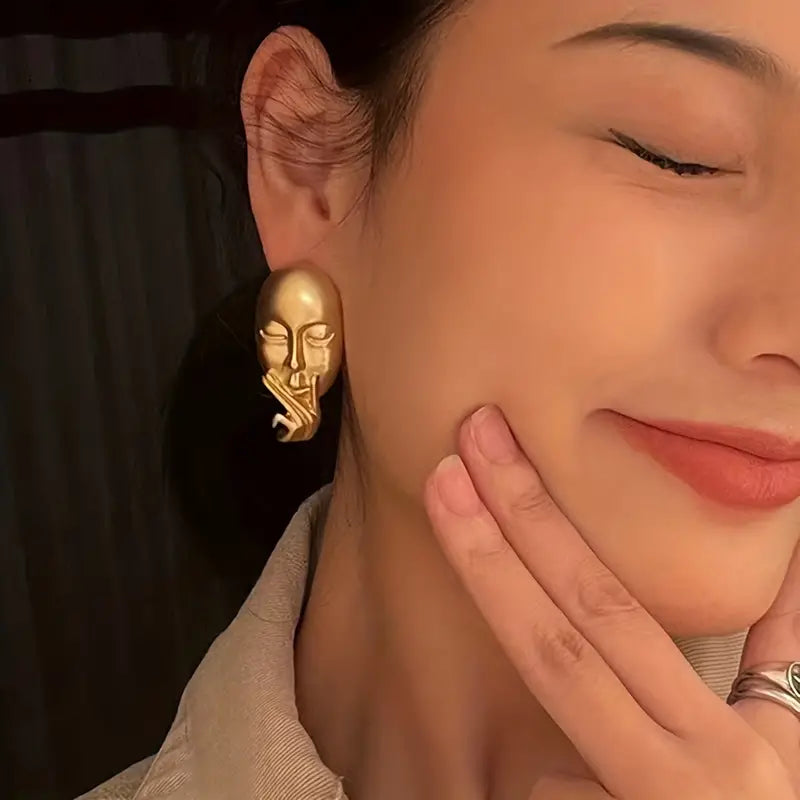 Creative Abstract Face Design Stud Earrings Zinc Alloy 14K Plated Jewelry Vintage Punk Style Unique Statement Female Earrings