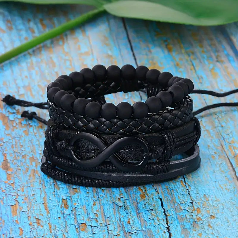 4pcs Möbius Strip Men's Pu Leather Bracelet, Vintage Beads Leather Multi