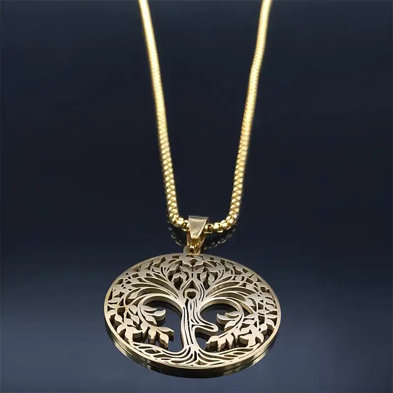Golden Stainless Steel Necklace With A Large Tree-shaped Pendant