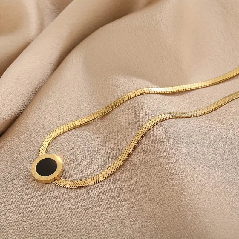 1PC Stainless Steel Golden Roman Numeral Round Pendant Necklace