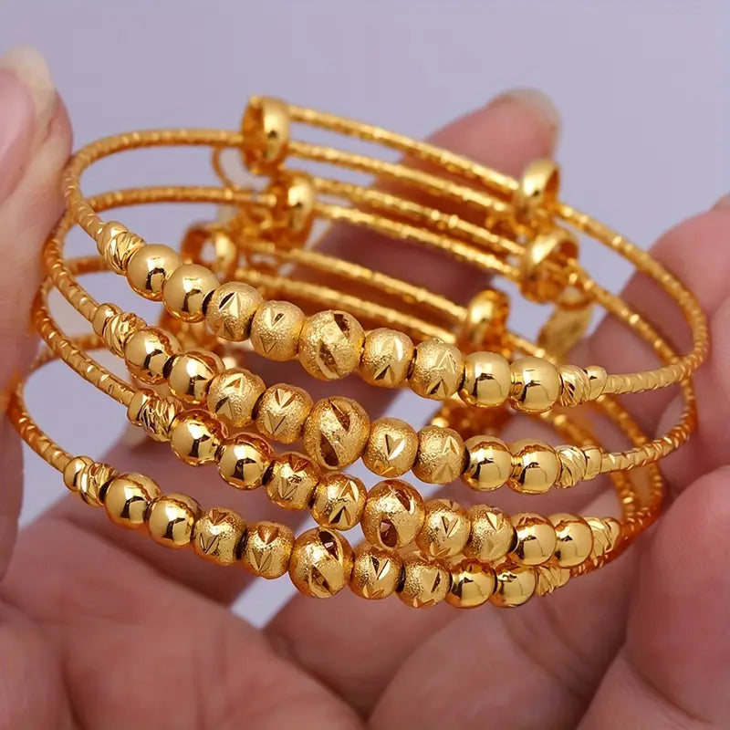 2pcs Classic Adjustable 24k Gold Plated Beaded Bangles, Middle Eastern Inspired