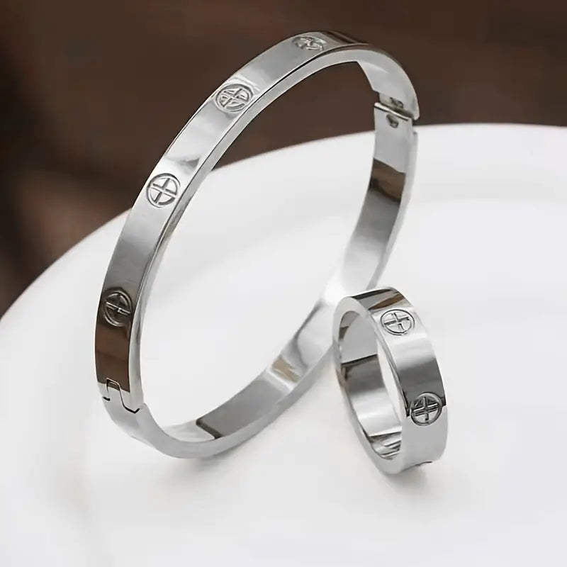 1pc/ 2pcs Cross Pattern Stainless Steel Ring Bangle Set For Men And Women