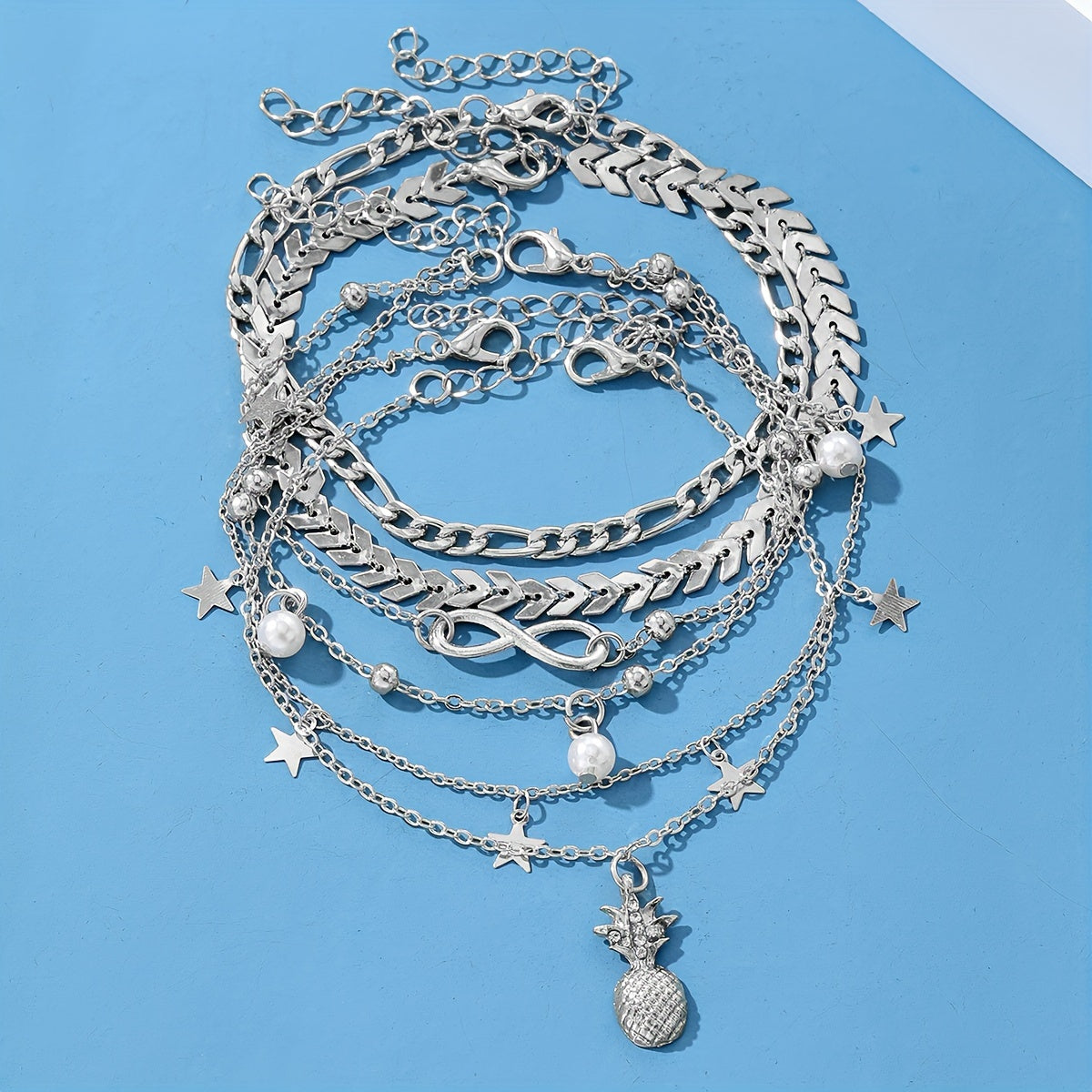 5Pcs/Set Vintage Golden Silvery Boho Metal Imitation Pearl Pineapple Star Multi-layer Chain