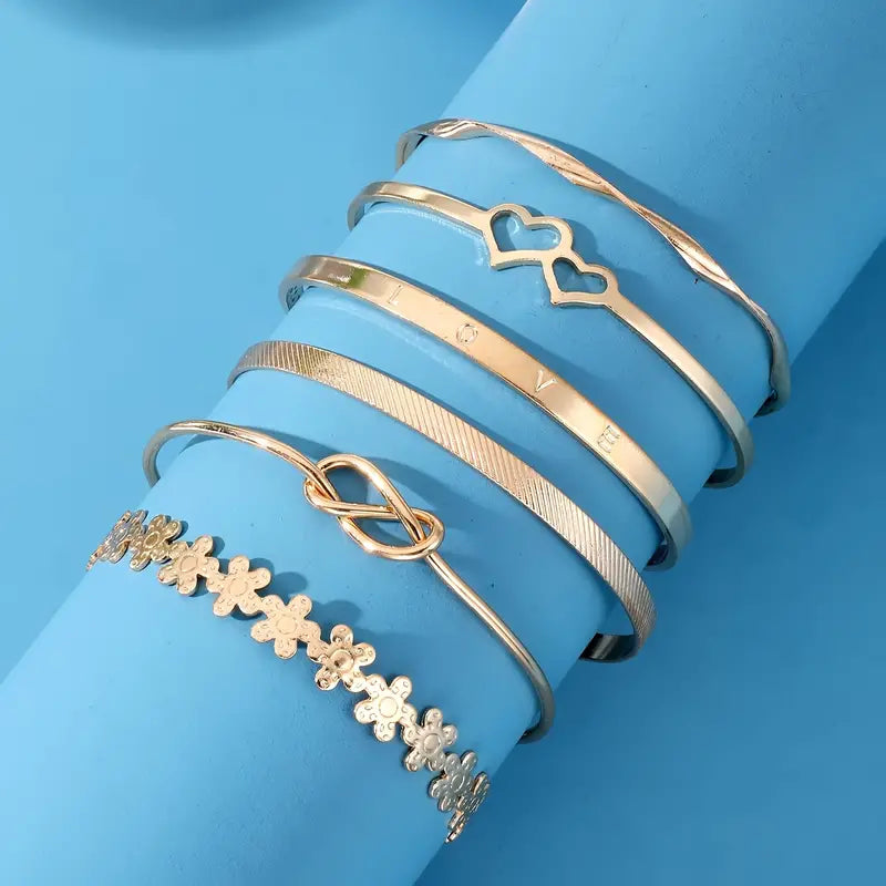 6pcs/Set Punk Exaggerated Letter LOVE Love Flower Ring Cuff Bangle Bracelet