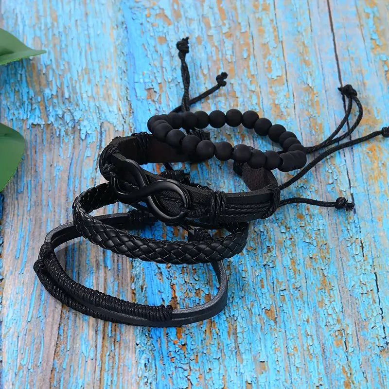 4pcs Möbius Strip Men's Pu Leather Bracelet, Vintage Beads Leather Multi