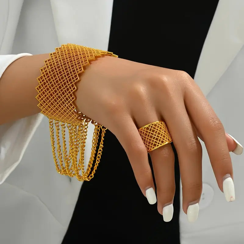 Vintage Luxury 18K Golden Plated Wide Cuff Bracelet and Ring Set