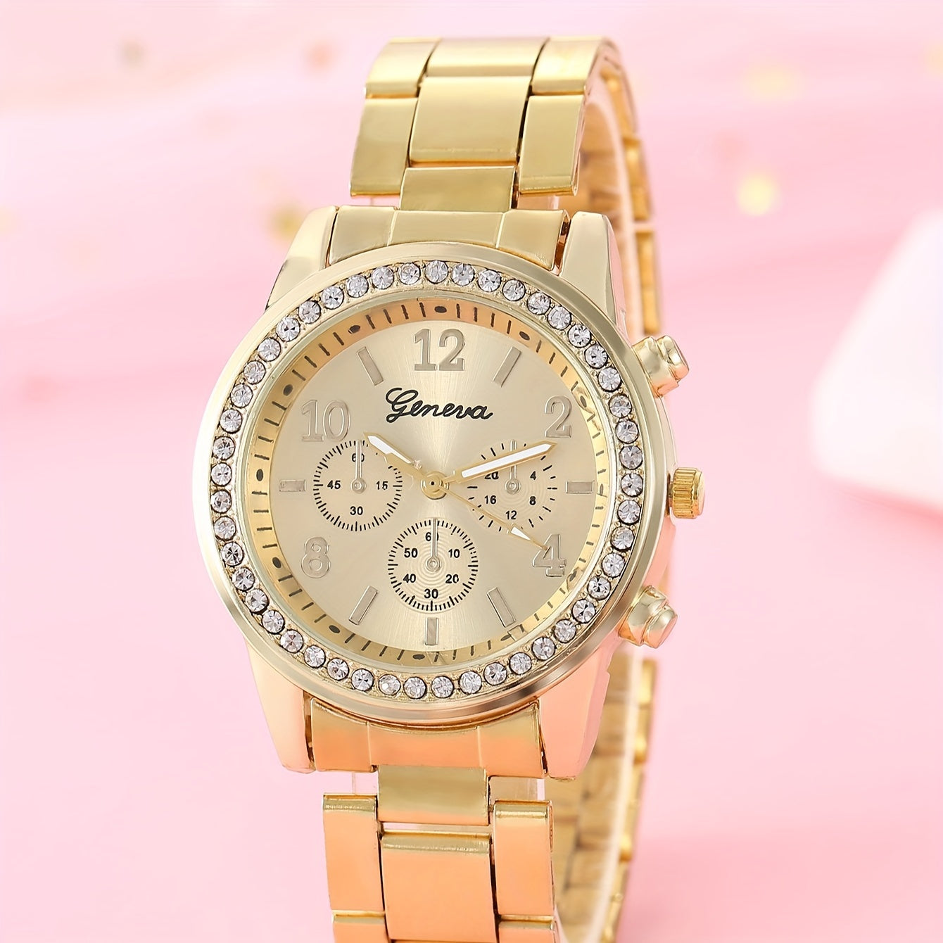 Ladies' Fashion Quartz Watch Golden Steel Strap Water Drill Simulated Wristwatch